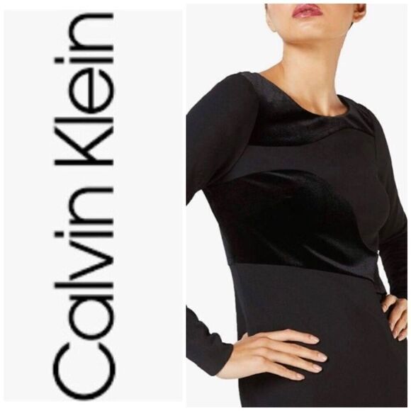 CALVIN KLEIN - NWOT - L Sz 14 Long Sleeve Solid Sheath Midi Dress/Velvet Detail - Picture 2 of 15